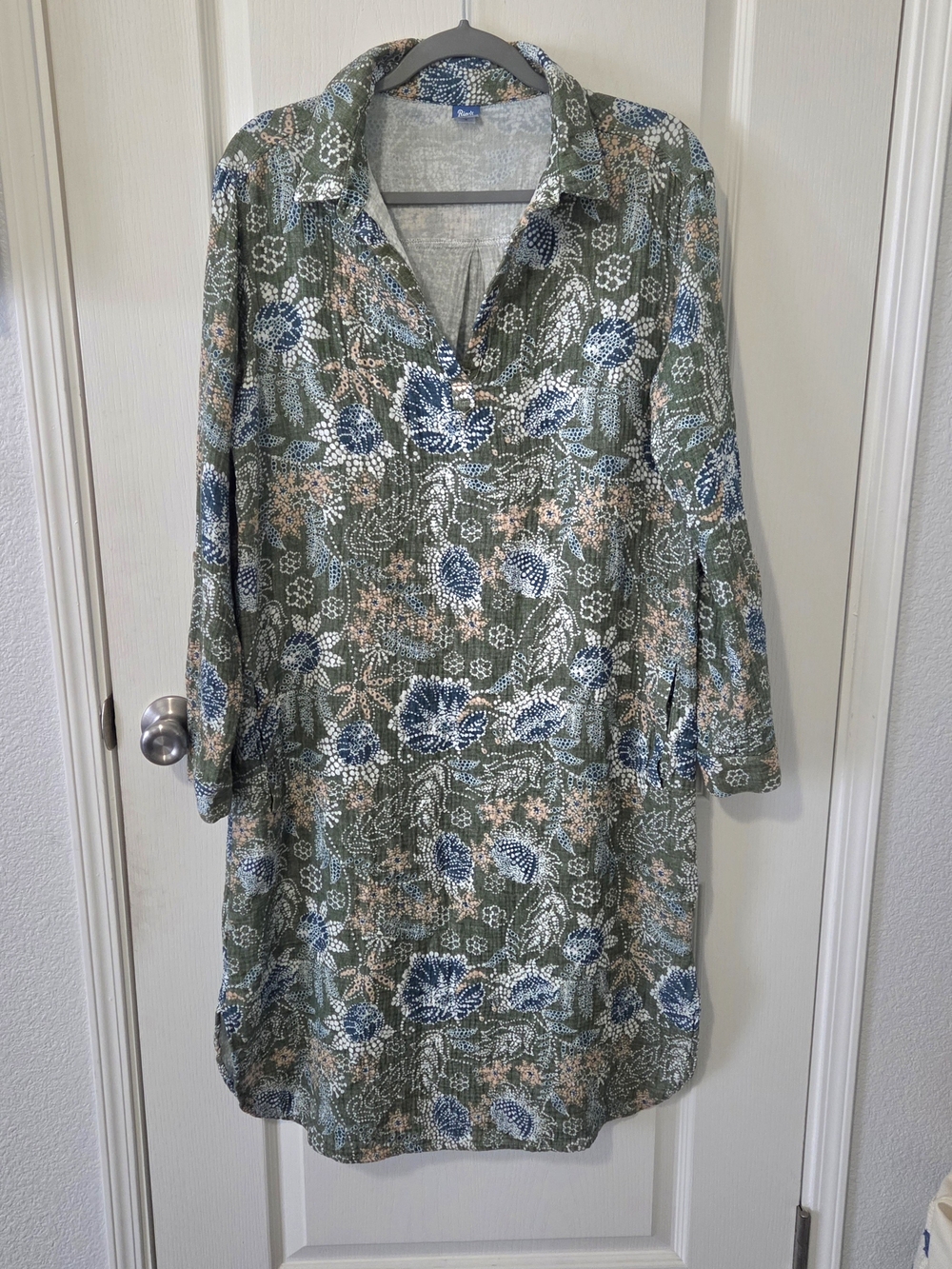 Rip Skirt, Long Sleeve Floral Collared Dress in Olive Green and Blue